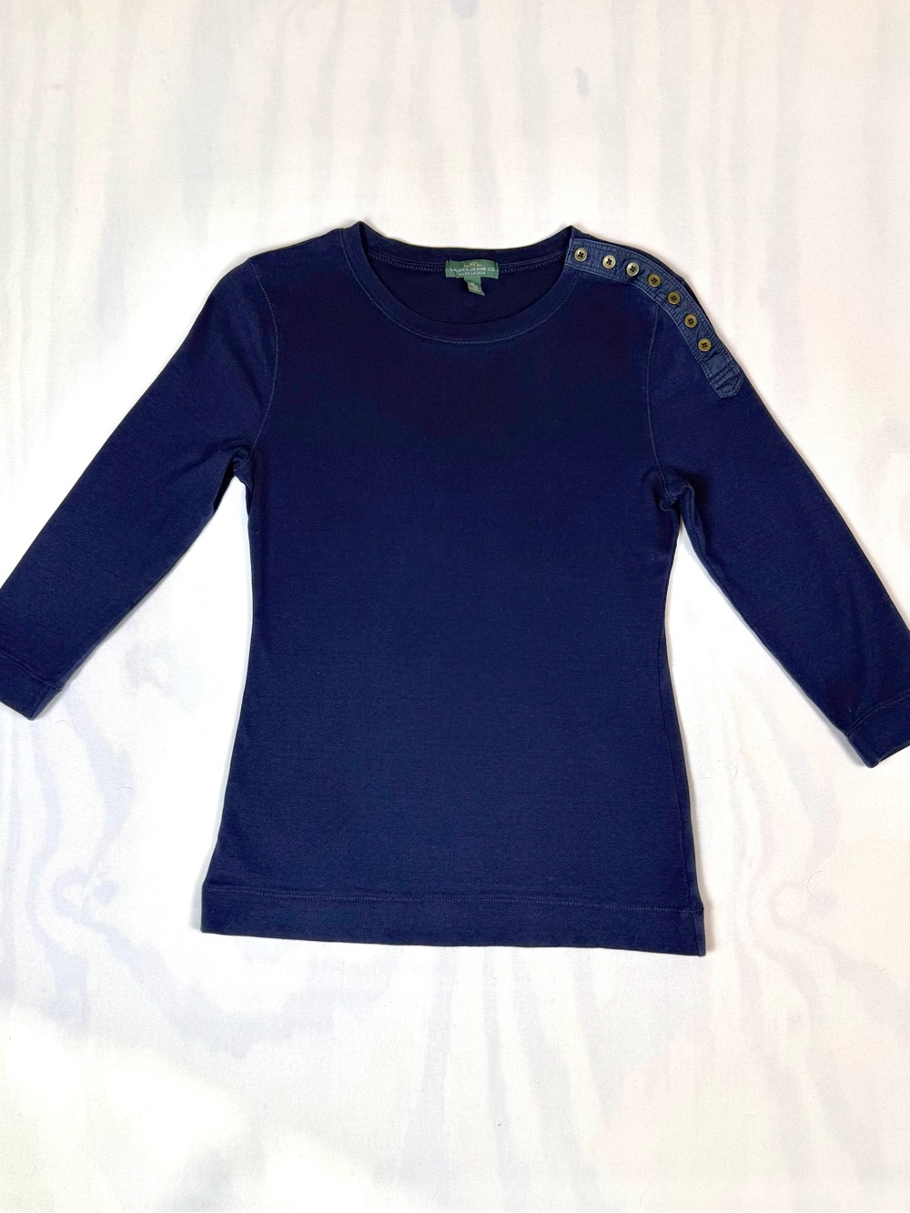Lauren Ralph Lauren Blue Button Shoulder Top 3/4 Sleeve Cotton Knit Medium